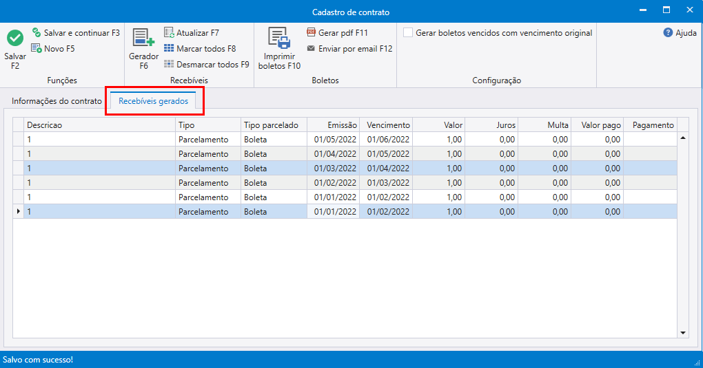 Aba recebíveis gerados